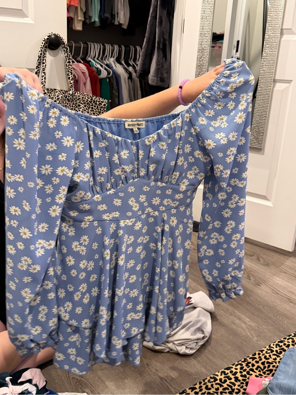 Inspired Hearts Blue Daisy Bardot Long Sleeve Mini Dress